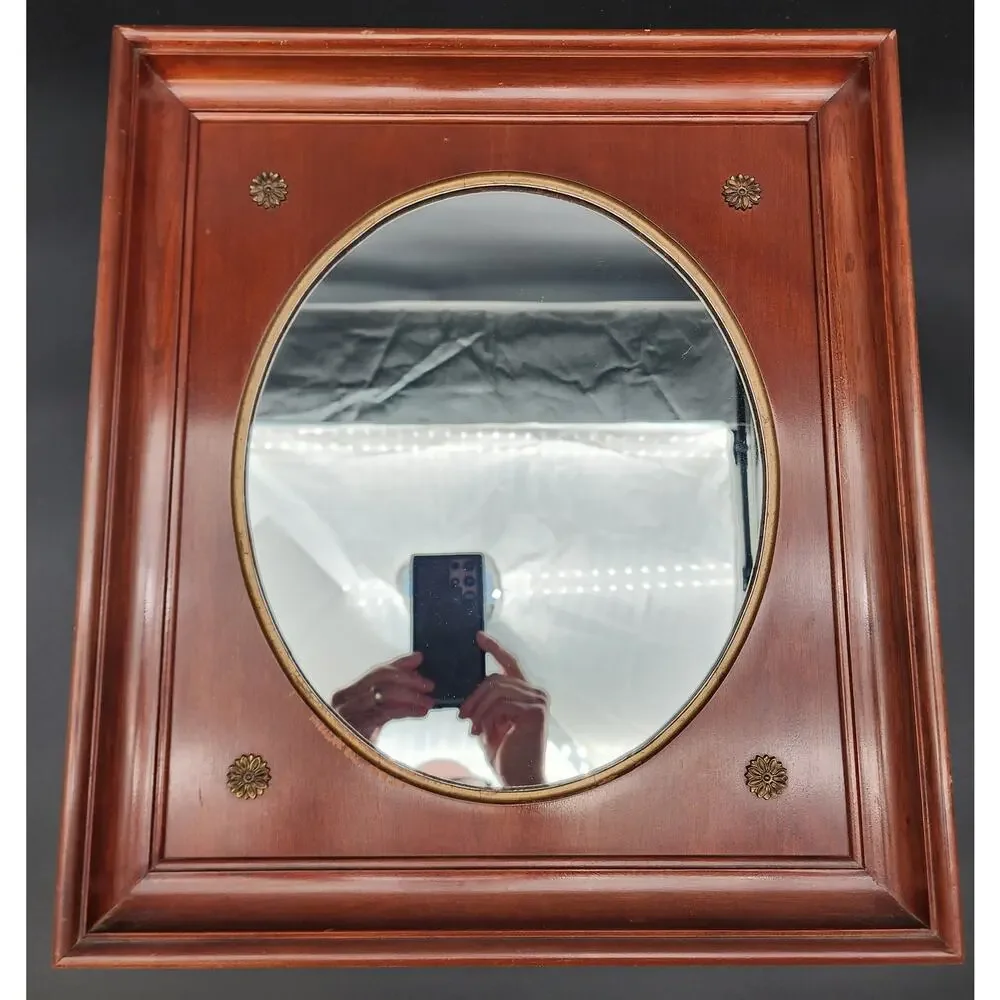 Vintage Willett Wildwood Cherry Hardwood Framed Oval Mirror Brass Accents 17x19